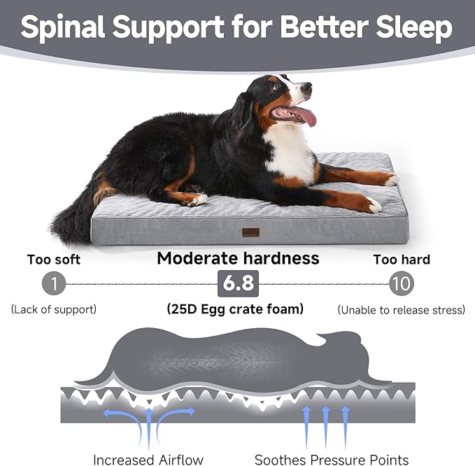 OhGeni Orthopedic Waterproof & Machine Washable Dog Bed for Extra Large Pets, Suitable for Crates, Cat Mat with 25D Egg Crate Foam, Non-Slip Bottom & Removable Cover, 47 Inches(Gray)