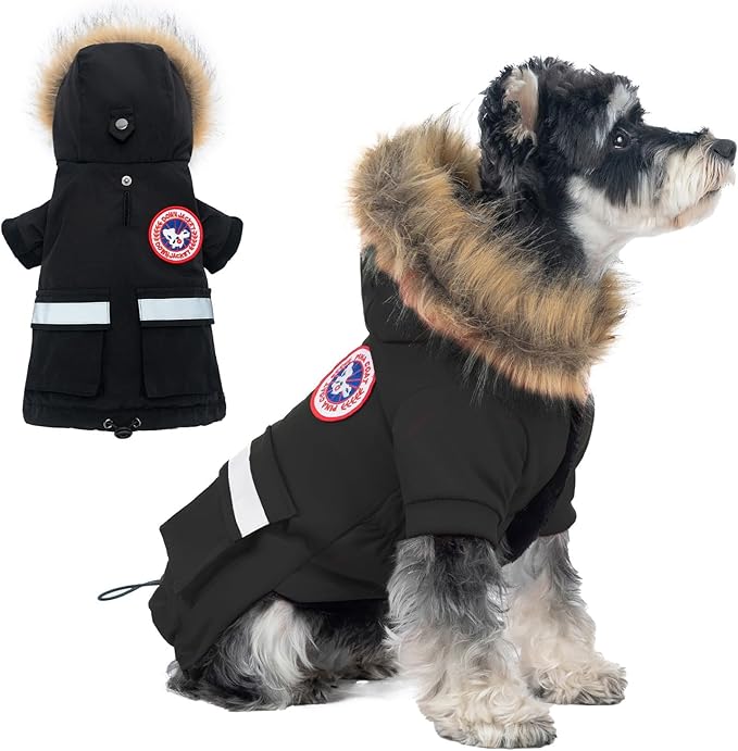 PINA Small Dog Coats - Waterproof, Warm Winter Jacket with Faux Fur Hood & Pocket