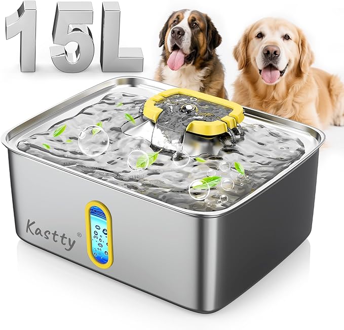 Kastty 15L/3.96 Gal Stainless Steel Dog Water Fountain, Large Capacity Dog Water Bowl Dispenser Quiet LED Light Triple Filtration Cat Water Fountain,Pet Water Fountain Easy Clean Yellow FS78