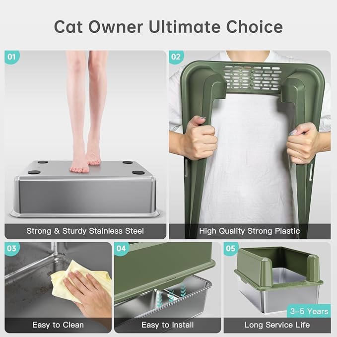 Enclosed Stainless Steel Cat Litter Box with Lid, XL Extra Large Litter Box for Big Cats, Metal Litter Pan High Sided, Never Absorbs Odors, Anti-Urine Leakage, Include Scoop (Green)