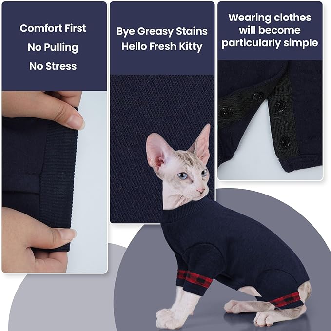 Sphynx Hairless Cats Sweater Shirt Kitten Soft Pullover Cute Cat Pajamas Jumpsuit Cotton Apparel Pet Winter Turtleneck for Cats DarkBlue 2XL