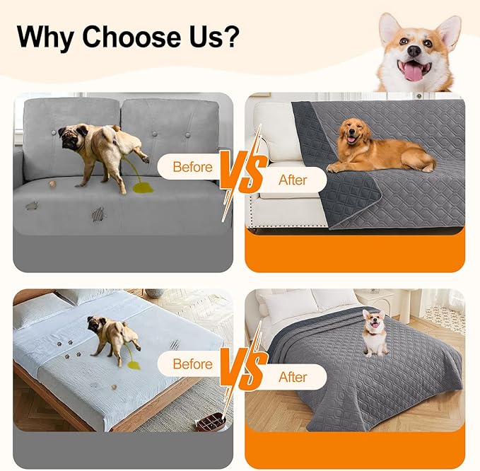 Smiry Waterproof Dog Blanket, 82x120 Inch Soft Pet Bed Cover Reversible, Washable Sofa Couch Furniture Protector for Small Medium Large Dog Puppy Cat, Grey/Dark Grey