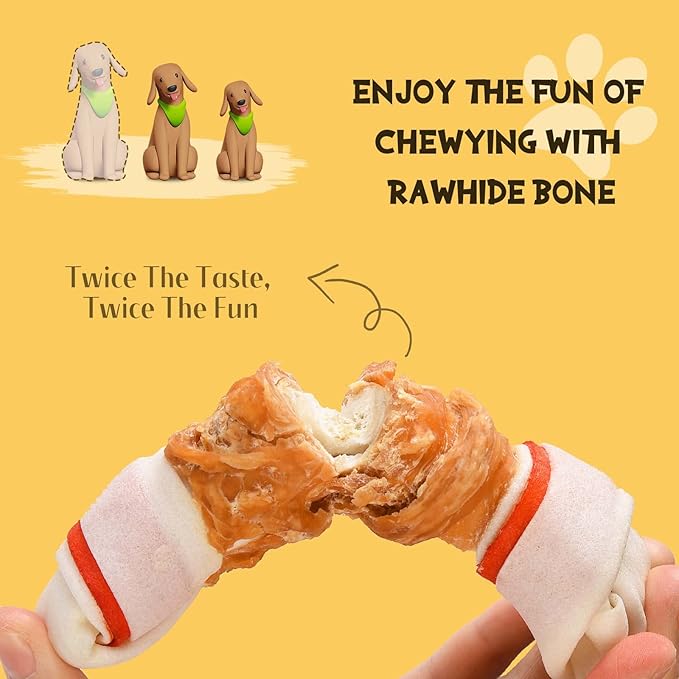 ASMPET Dog Treats Chews, 6.5" Chicken Wrapped Rawhide Knotted Bones Dental Care Chews for Small Medium Large Breeds（4 Pieces）