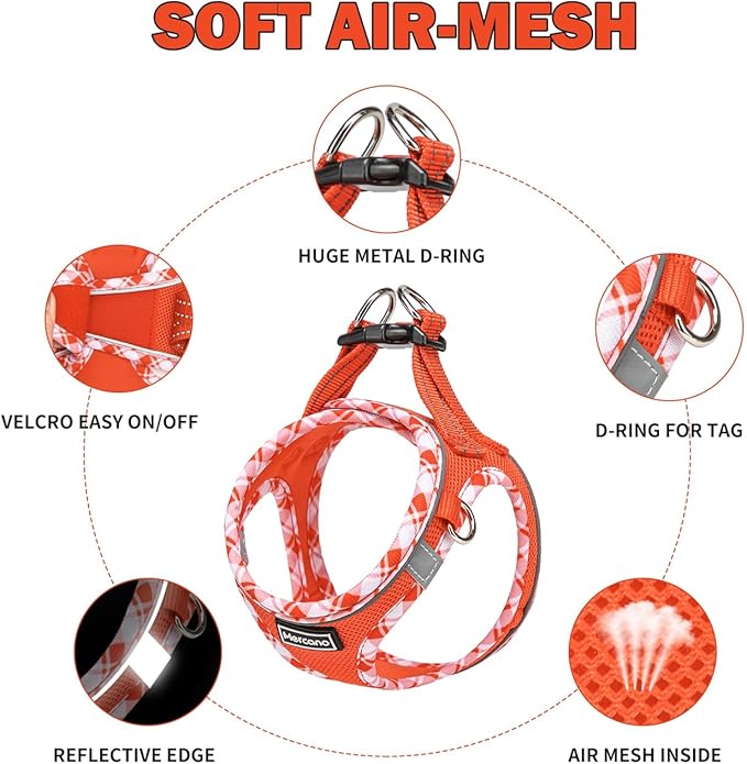 Mercano Soft Mesh Dog Harness and Leash Set, No-Chock Step-in Reflective Breathable Lightweight Easy Walk Vest Harnesses with Safety Buckle for Small Dogs, Cats (Tangerine, L)