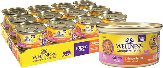 Wellness Complete Health Pate Kitten Wet Cat Food, Natural, Protein-Rich, Grain Free, 3 Ounce, 24 Pack, (Chicken)