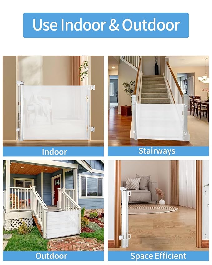 Retractable Baby Gate for Doorways and Stairs, Mesh Safety Gate for Pet, Indoor & Outdoor Use, One-Hand Operation, Easy Installation, 33.6" Tall, Expands to 71" Wide（White,33.6"x71"）