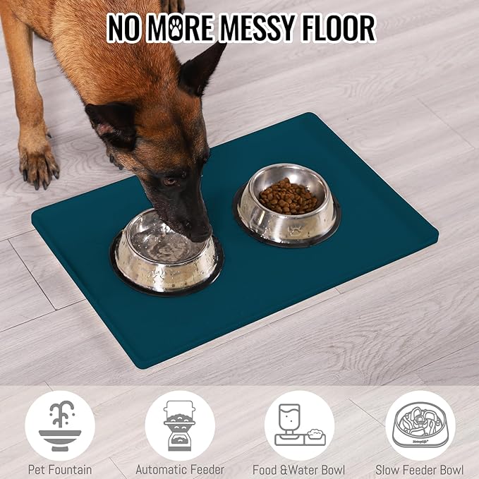 MateeyLife Dog & Cat Food Mat, Waterproof & Nonslip Silicone Feeding Mats for Dogs and Cats, Raised Edge Tray for Messy Drinkers, 22"x14", Navy