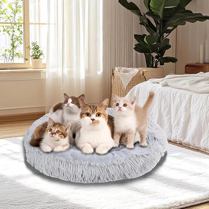 Bdor Cat Beds & Dog Bed with Cover Cave, 20in Round Beds for Medium Small Pets, Self Warming Soft Plush Donut Calming Pet Bed for Indoor Cats Dogs Puppy Kitten, Washable Bed with Non-Slip Bottom