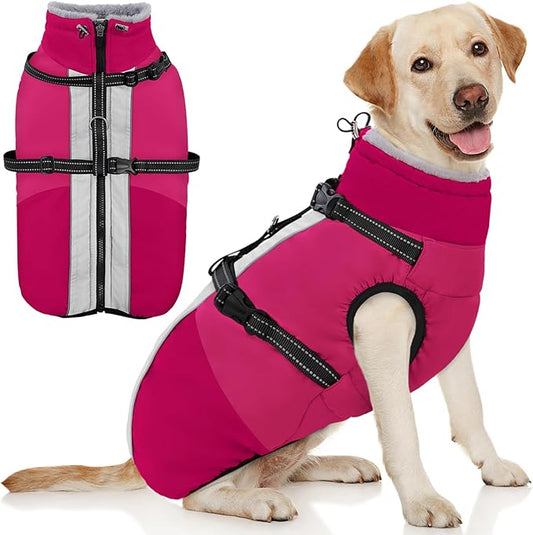 AOFITEE Dog Coat, Windproof Turtleneck Dog Jacket with Built in Harness, Reflective Dogs Jackets with Fleece Lining, Waterproof Pet Winter Coat for Cold Weather for Border Collie, Beagle, Hot Pink XL