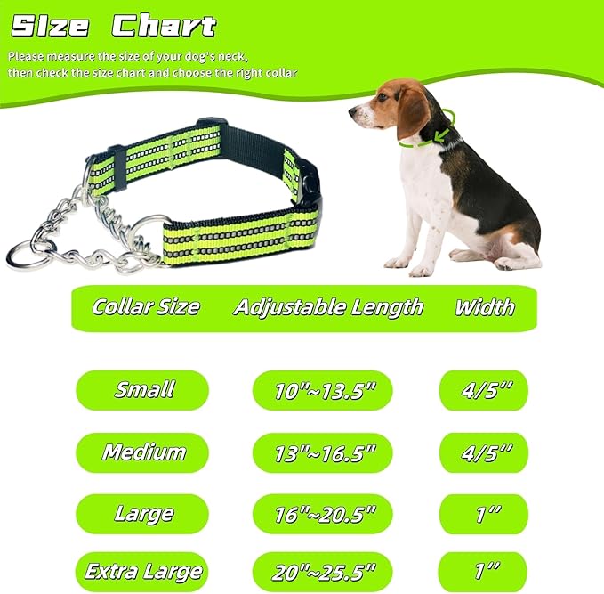 Martingale Dog Collars, Reflective Nylon Collar with Stainless Steel Chain, Adjustable Walking Training Dog Collars with Quick Release Buckle, Suitable for Small Medium Large Dogs(Green,XL)