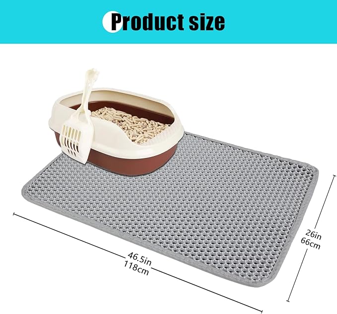 Cat Litter Mat, Kitty Litter Collector, Double Layered Honeycomb Design Waterproof, Anti Urine, Anti Slip, Easy to Clean, Limit Garbage (26"x46.5", Grey)