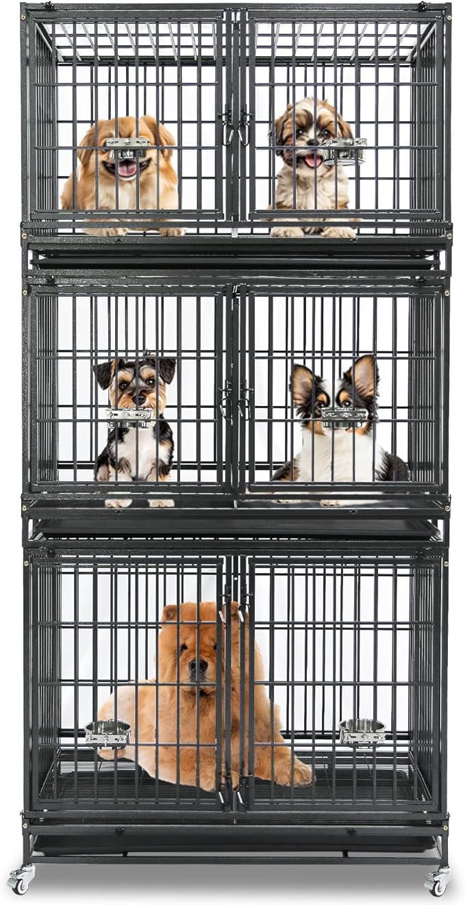 Homey Pet 43 Inch Three Tiers Dog Crate Cage Kennel with Divider, Stackable Heavy Duty Dog Crate for Large Dogs, Escape Proof Indestructible Dog Kennel Indoor with Removable Tray, Lockable Wheels