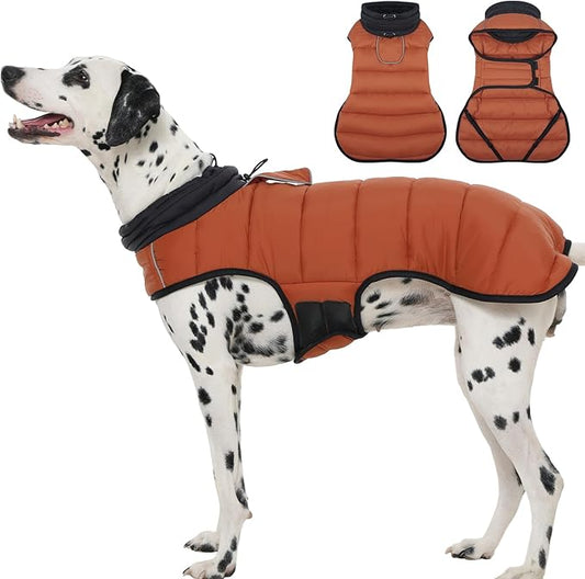 MIGOHI Lightweight Dog Puffer Jacket - Dog Winter Coat with Reflective Strips, Padded Vest with Harness Hole, Warm Snow Jacket Cold Weather, Easy On Hook & Loop Belly for Large Dogs, Caramel, XL