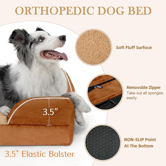 Comfort Expression Orthopedic Dog Bed for Small Dogs 24x16 Inch, Waterproof Supportive Egg Crate Foam Small Pet Bed with Removable Bolsters, Dog Couch with Washable Cover & Non-Slip Bottom, Orange