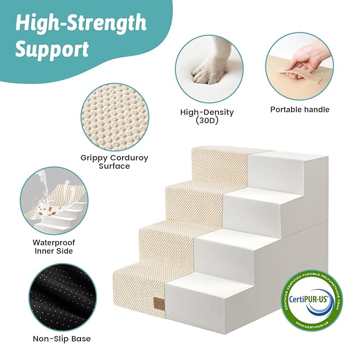 Dog Stairs for Small Dogs, 4 Tier Removable Pet Stairs for Couch and Bed, 17.7" H Dog Steps for Old Cats, Puppy, Small Dogs, 15.7x23.6x17.7 inch, Beige