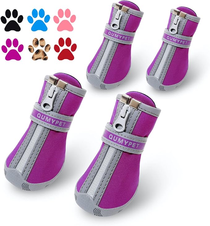 QUMY Dog Shoes for Small Dogs, Puppy Dog Boots & Paw Protector for Winter Snow Day, Summer Hot Pavement, Waterproof in Rain Weather, Ourdoor Hiking, Indoor Hardfloors Skid-resistant Sole Purple Size 4
