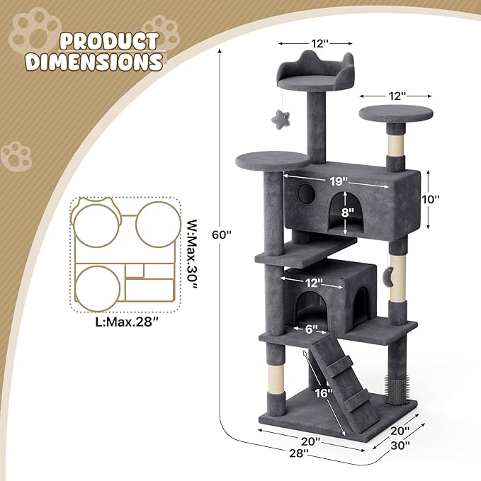 Magshion Cat Tree 60" Cats Tower for Indoor Cats, Multi-Level Cat Condo with Scratching Post, Top Perch, Sisal Board and Dangling Ball, Cat Stand Jumping Platform Kittens Pet Play House (Smoke Grey)