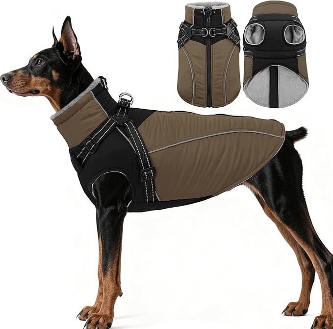ASENKU Reflective Dog Coat with Built-in Harness, Windproof Fleece-Lined Dog Jacket for Small, Medium, Large Dogs, Warm Winter Vest with Turtleneck & Zipper (Khaki XL)