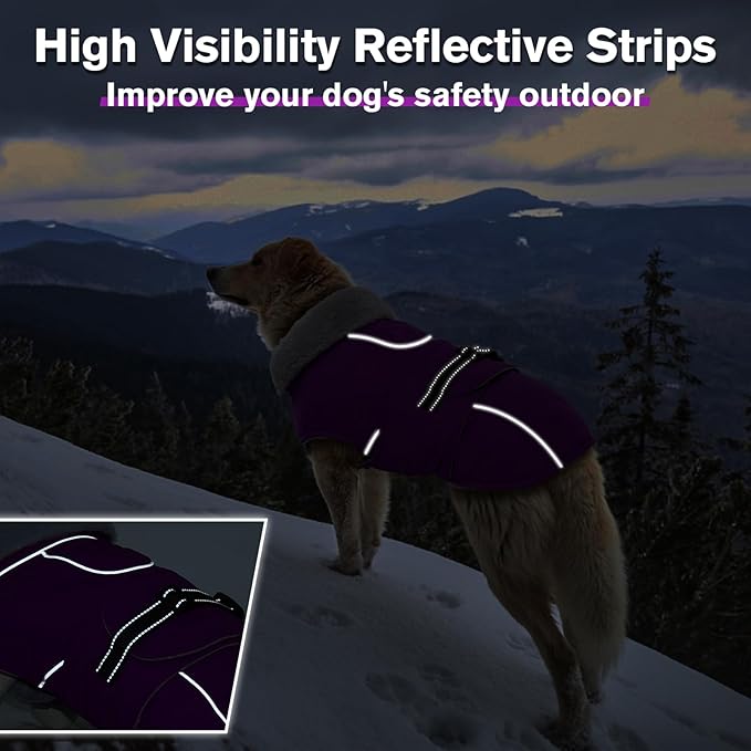 Lelepet Warm Dog Coat Reflective Fleece Vest Waterproof Dog Jacket with Adjustable Buckle Hook & Loop Windproof Cold Weather Coats for Small Medium Large Dogs, Purple, XXL