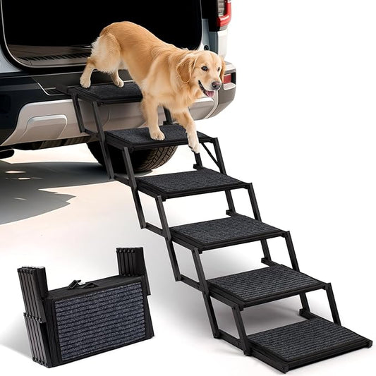 Extra Wide Dog Steps for Car, Truck and SUV - Foldable Pet Stairs for Large Dogs with Non-Slip Rug Surface, Lightweight Dog Ramp Holds Up to 250lbs, 6 Steps