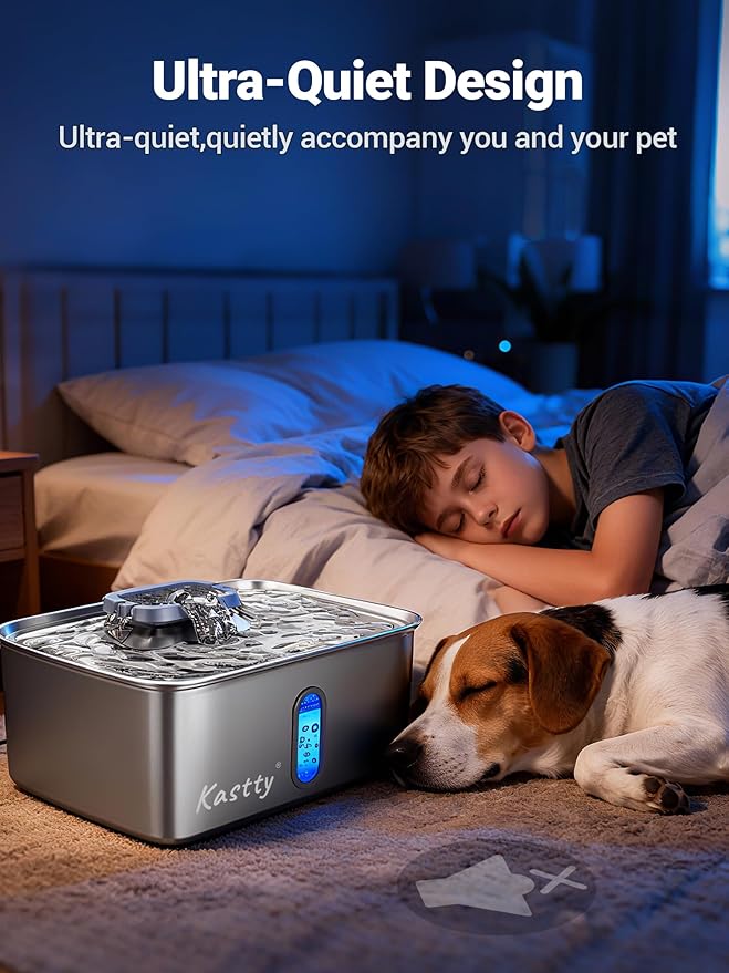Kastty 15L/3.96 Gal Stainless Steel Dog Water Fountain, Large Capacity Dog Water Bowl Dispenser Quiet LED Light Triple Filtration BPA-Free, Automatic Pet Water Fountain Easy Cleaning Grey FS78