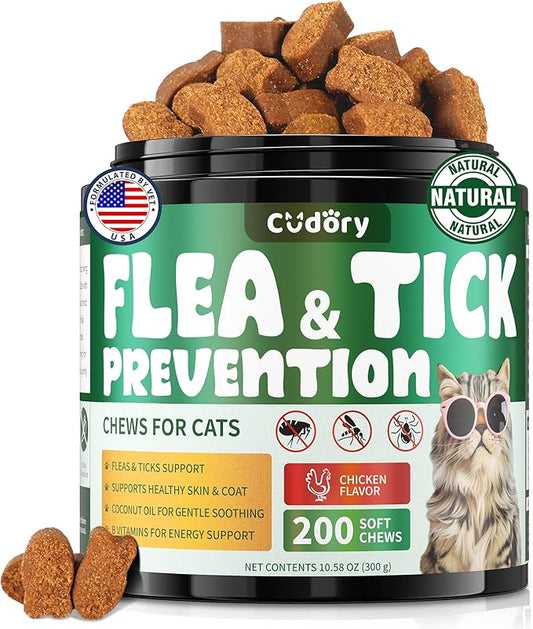 Flea and Tick Chews for Cats - 200 Soft Chews Natural Flea Tick Support for Cat All Breeds & Ages - Nourishes Skin & Coat Health - Energy Support - Chicken Flavor Soft Chew