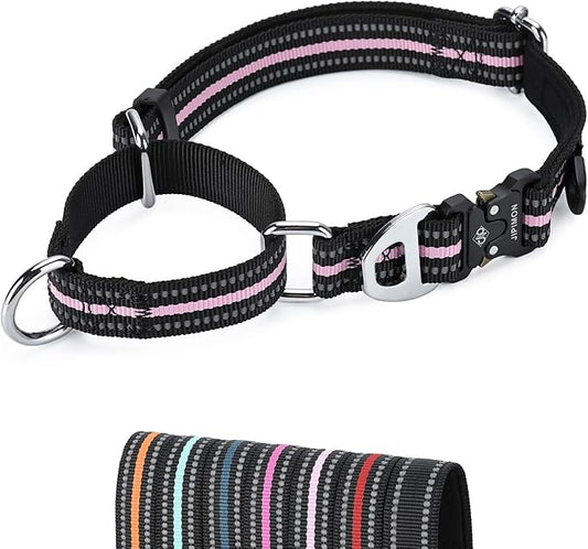 Martingale Dog Collar Reflective Nylon Soft Cushion with Alloy Buckle Dog Collar Martingale Small Medium and Large Dogs (Large, Pink)
