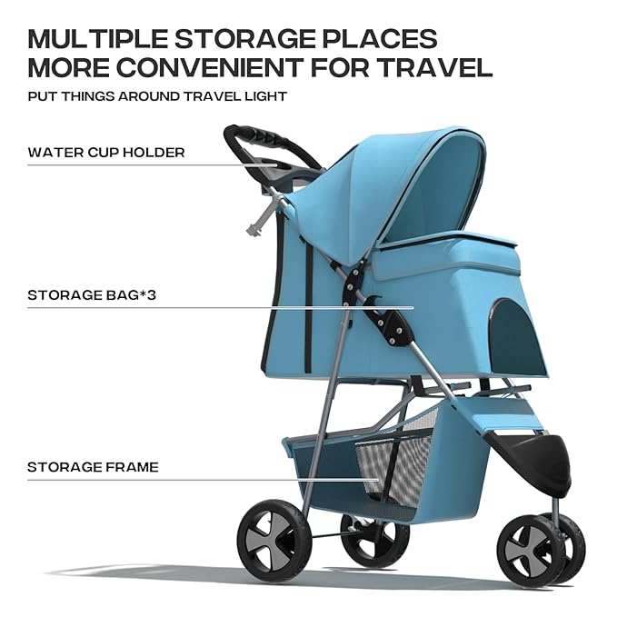 Cat Dog Stroller,3-Wheels Pet Stroller for Medium/Puppy Dogs 30 Lbs, with Storage Basket and Cup Holder, Breathable Mesh Mint