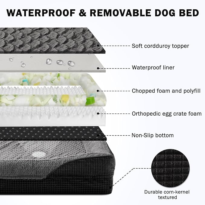 INVENHO Orthopedic Large Dog Bed, Egg-Crate Memory Foam Dog Couch with Washable Removable Cover, Waterproof Lining and Nonskid Bottom