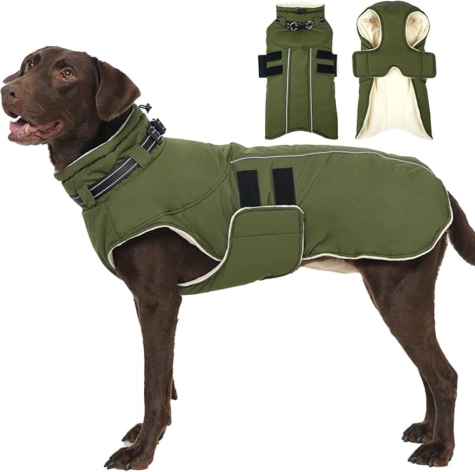 Dog Winter Coat with Harness, Warm Dog Jackets for Large Dogs Waterproof, Adjustable Hook&Loop Reflective Snowsuit, Cold Weather Coats for Dogs Labrador Doberman, XXXL Green