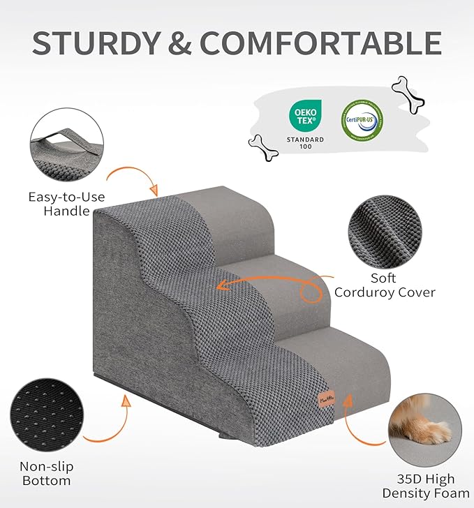 Made4Pets Dog Stairs Ramp for High Bed, 5-Step Pet Stairs for Bed Couch Sofa Climbing, 35D Foam Pet Steps for Small Dogs and Cats, Non-Slip Bottom Dog Steps, Grey