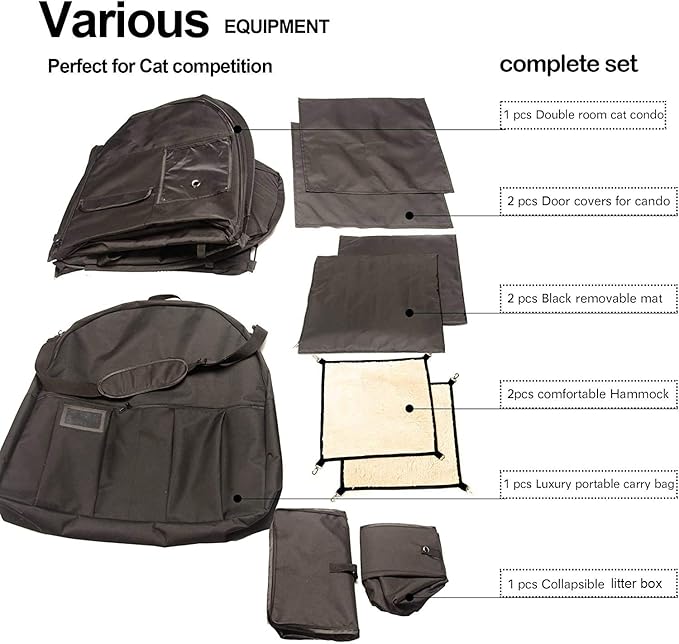 Mispace Portable Twin Compartment Show House Cat Cage Condo,Comfy Puppy Home Dog Travel Crate with Carry Bag/2 Hammocks/Mats & Collapsible Litter Box