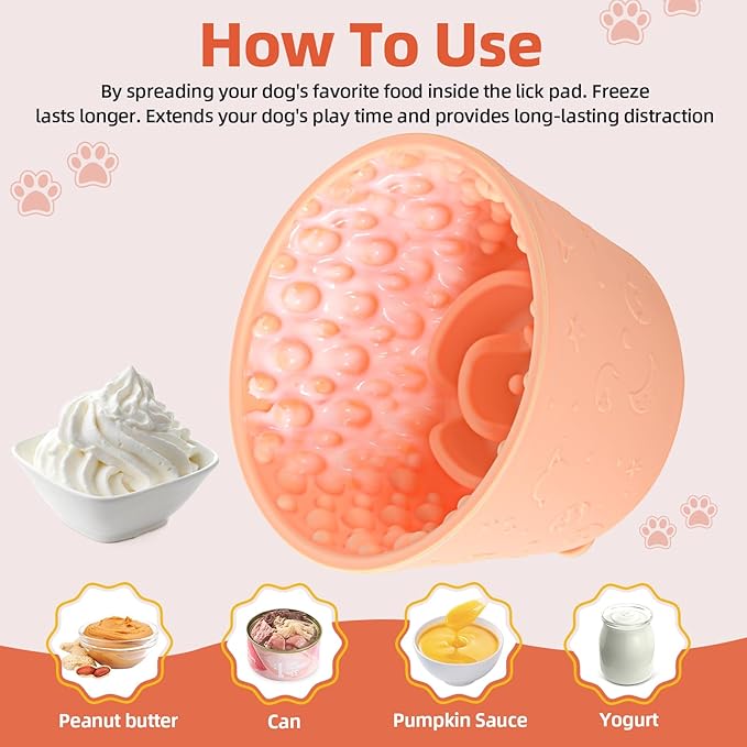 Dog Slow Feeder Lick Bowl, Non-Slip Dog Licking Treat Dispenser, Slow Feeder Bowls for Small Medium Large Breed Dogs, Anxiety Relief & Anti-Choking, BPA Free Silicone (Light Orange, 1.6 Cup)