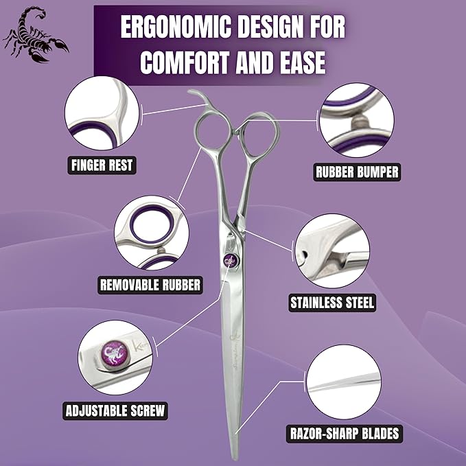 Kenchii Scorpion 9 Inch, Straight Grooming Scissors for Dogs and Pets - Premium Steel Scissors for Dog Grooming - Dog Shears Pet Grooming Accessories - Pet Hair Trimming Scissor