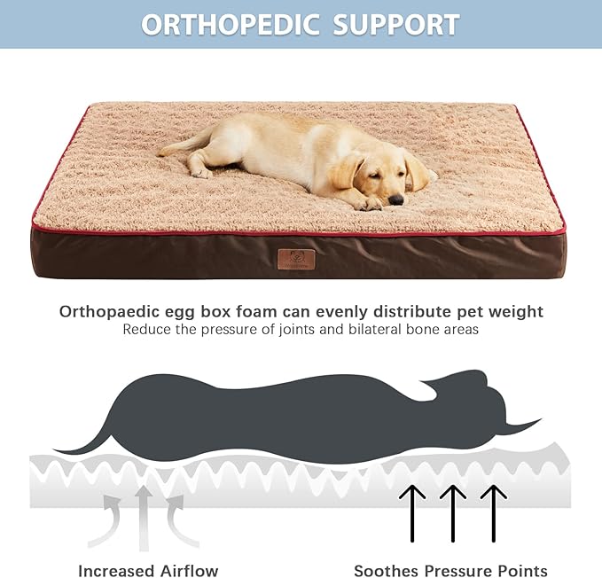 WNPETHOME Orthopedic Large Dog Bed, Extra Large Waterproof Dog Bed with Removable Washable Cover & Anti-Slip Bottom,Egg Crate Foam Pet Bed Mat,Soft Rose Plush Pet Crate Mat