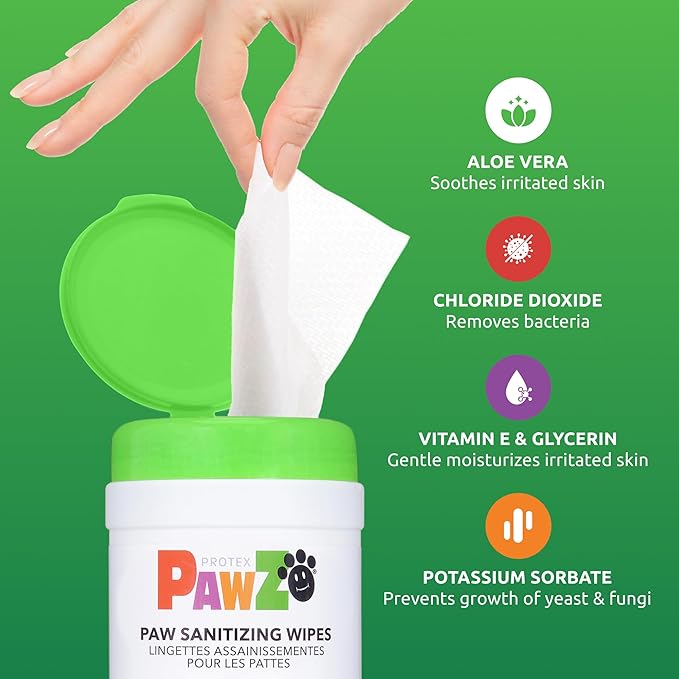 Protex PawZ SaniPaw Odor Eliminating Dog Paw Wipes (120 Wipes) Cleansing Dog Grooming Wipes, Simple & Safe Lickable Ingredients - Paw Cleaner for Dogs, Pet Wipes