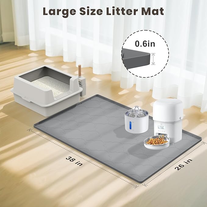 Cat Mat for Litter Box, 38" X 26" Large Silicone Cat Litter Trapping Mat, Easy Clean for Scatter Control, Soft on Kitty Paws, Waterproof, Urine-Proof, Non-Slip Kitty Litter Mat for Floor, Gray