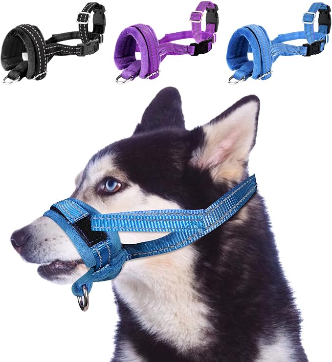 SlowTon Soft Dog Muzzle, Adjustable Padded Nylon Muzzle for Large Medium Dogs Anti Chewing Barking Biting, Allow Dog Pant & Drink (Blue, L)