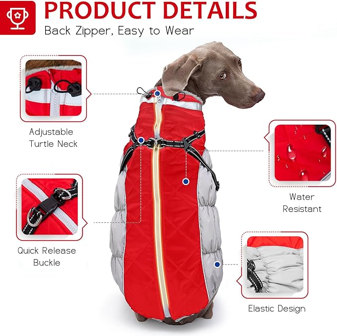 Dog Winter Coat with Harness, Dog Jacket, Pet Clothes with Zipper on Back, Waterproof Windproof Warm Vest, Reflective Cold Weather Coats, for Small Medium Large Dogs, Thick, Red, M