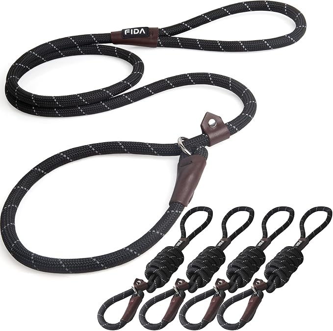Fida Durable Slip Lead Bulk Pack of 5, Heavy Duty 1/2" x 6 FT Comfortable Strong Rope Slip Leash for Large, Medium & Small Dogs No Pulling Pet Training Leash with Highly Reflective Strips (Black)