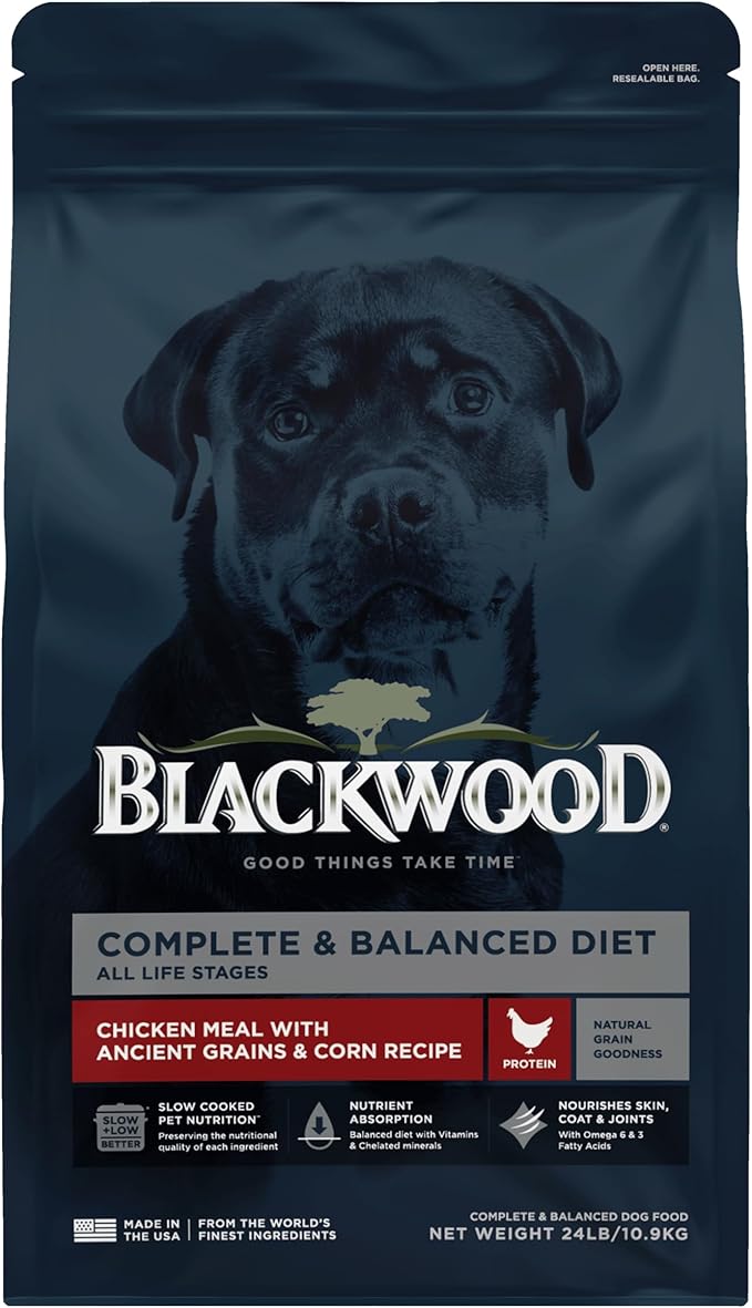 Blackwood Complete & Balanced Diet Dry Dog Food, Chicken Meal with Ancient Grains & Corn, 24 Pound Bag, Slow Cooked with Vitamins & Minerals