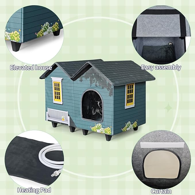 Heated Cat Houses for Indoor/Outdoor Cats with Elevated Heated Cat Bed Providing Safe Feral Cats, Easy to Assemble