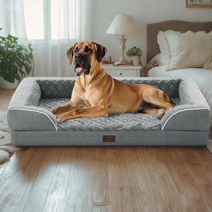 Orthopedic XL Dog Beds, Waterproof Memory Foam Big Bolster Pet Bed for Extra Large Sized Dogs 45x35Inch, Non-Slip Bottom and Egg-Crate Foam Dog Couch Bed with Washable Removable Cover, Grey