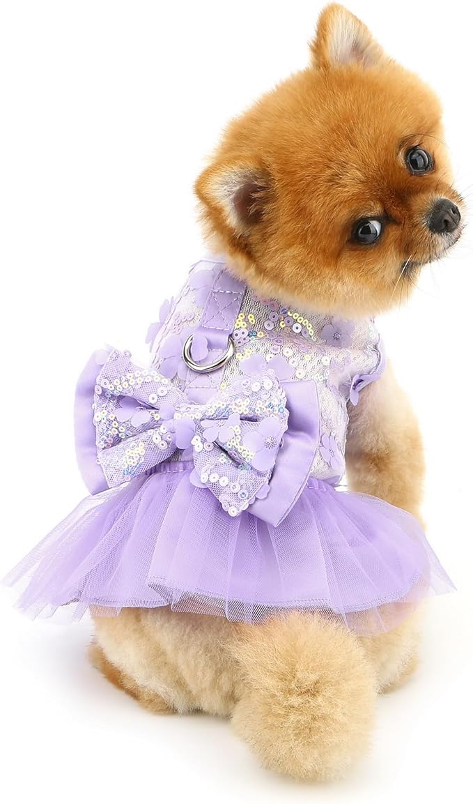 Dog Dress,Luxury Bow Princess Tutu Dresses for Girl Dogs Cute Fashion Mesh Pet Skirt with Sequins Flower Cat Puppy Clothes Wedding Party Outfits Chihuahua Apparel Button up D-Ring,Purple,M