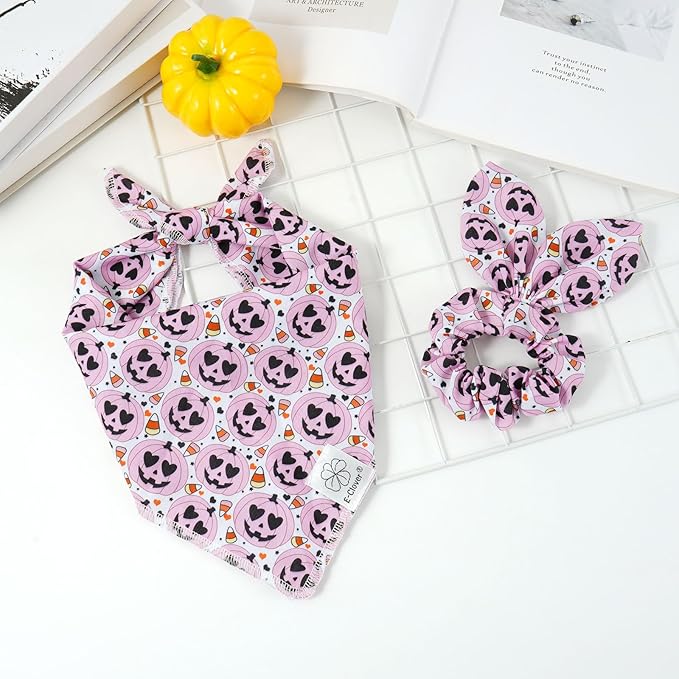 E-Clover Halloween Dog Bandanas & Matching Scrunchie Set Girl Cute Pink Pumpkin Dog Scarf Bibs Pet Bandana with Bow Tie for Small Dogs Puppy Owner Mom