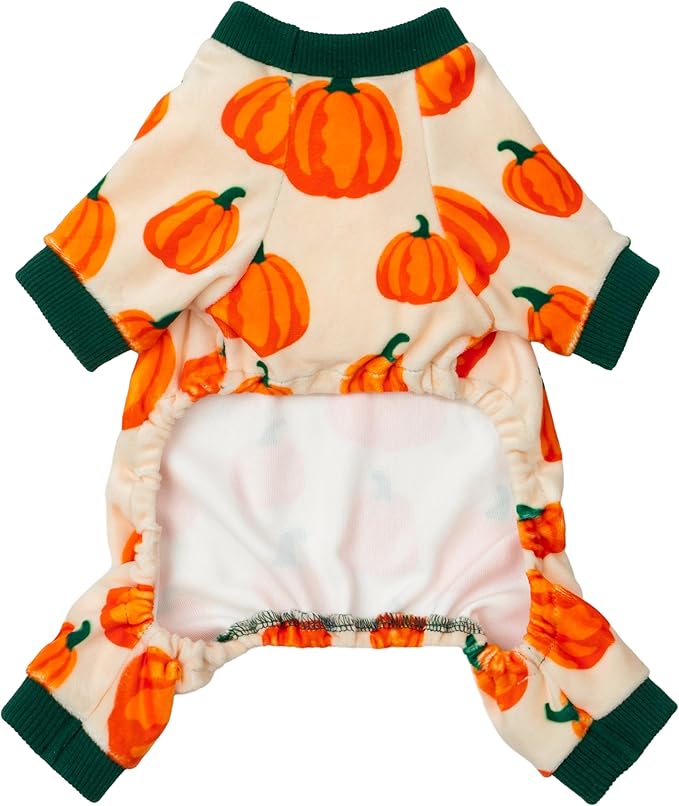 Fitwarm Pumpkin Dog Pajamas, Thanksgiving Outfit for Small Dogs Boy Girl, Fall Pet Clothes, Beige, Orange, Green, Small