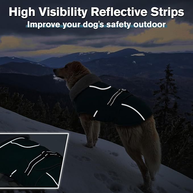 Lelepet Warm Dog Coat Reflective Fleece Vest Waterproof Dog Jacket with Adjustable Buckle Hook & Loop Windproof Cold Weather Coats for Small Medium Large Dogs, Dark Green, S