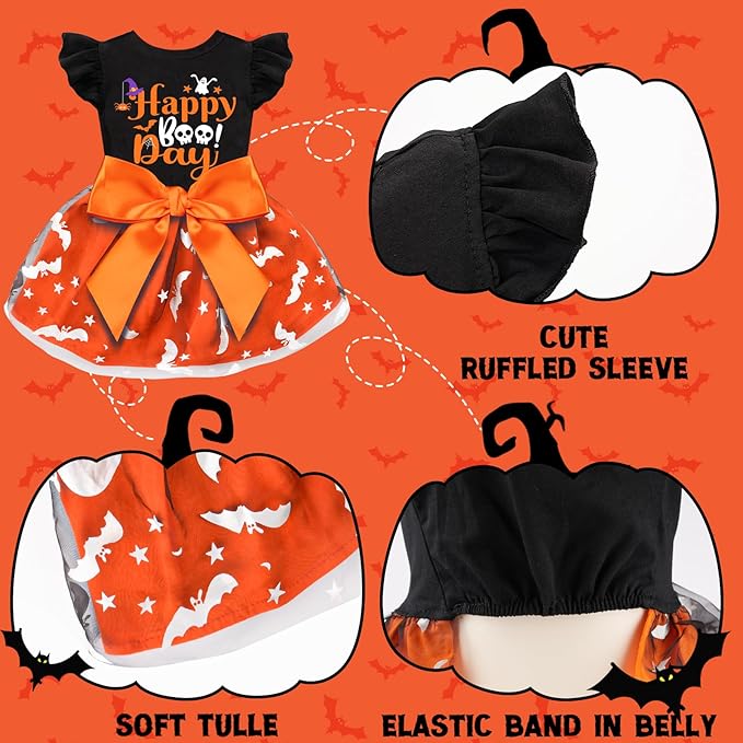 Dog Halloween Costumes Dog Ruffle Dress Pet Halloween Costumes Cute Puppy Dress with Bowknot Tulle for Small Medium Large Dogs Pumpkin Witch Bat Girl Dog Cat Pet Clothes Apparel