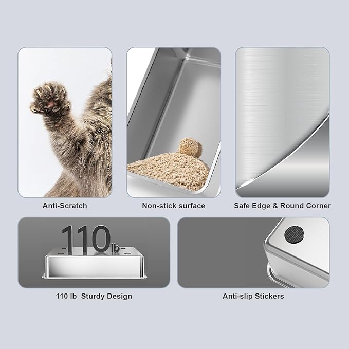 Stainless Steel Cat Litter Box, Open Top High-Sided Metal Litter Box with Scoop, Extra Large Litter Boxes for Kitty Kitten and Big Cats, Anti-Urine Leakage, Non-Sticky, Easy to Clean (Grey)