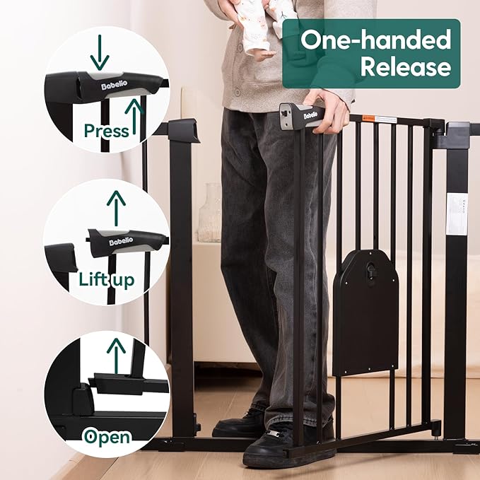 Babelio 36-56" Extra Wide Auto Close Baby Gate with Cat Door, Pet Gate Indoor with Extra Wide Walk Thru Door, Metal Dog Gate for Doorway, Stairs, Includes 4 Wall Cups and 3 Extension Pieces, Black